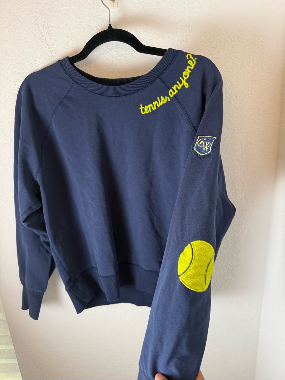 Ame & LuLu Navy Crewneck Sweatshirt with Neon Tennis Detail whimsy size S - Picture 4 of 7